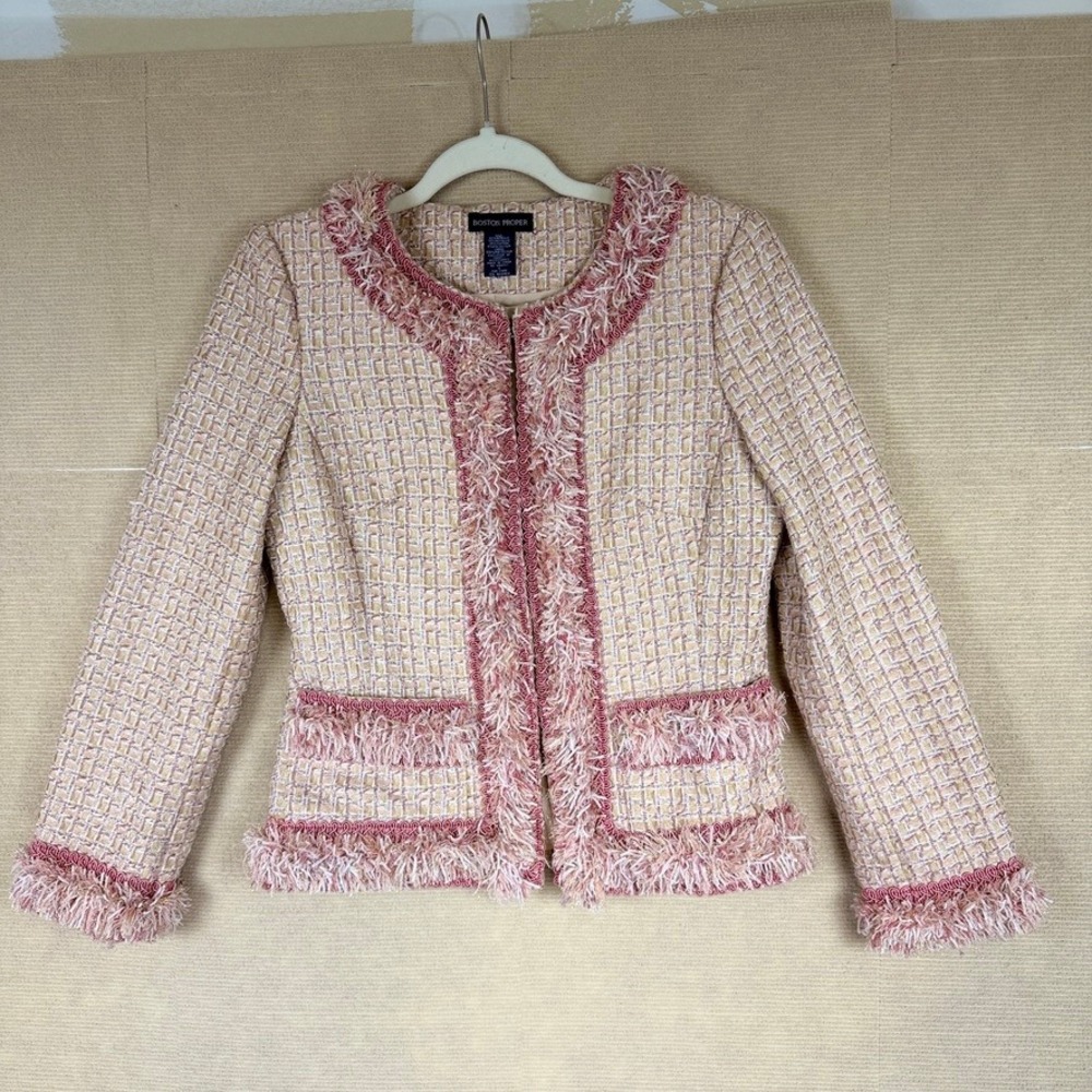 Boston Proper Pink Gold Metallic Tweed Fringe m Blazer Jacket Size 6